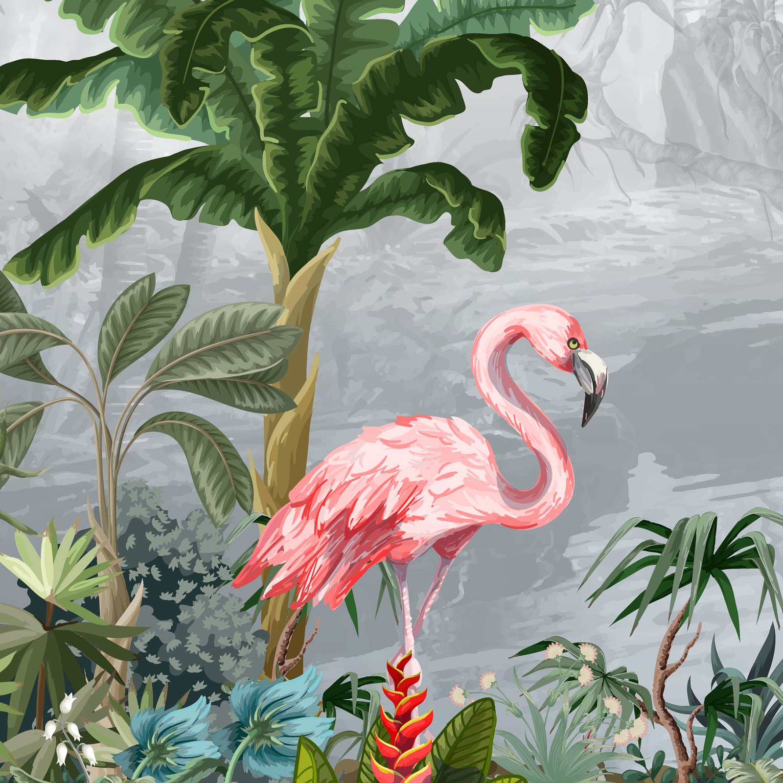 Botanical theme with Tropical plants and a Beautiful Flamingo Mantra5